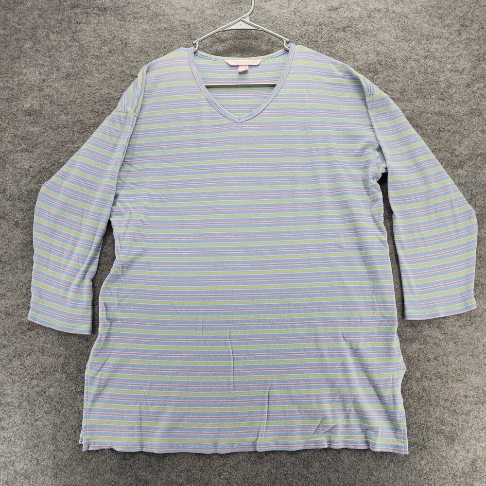 Victoria Secret Pajama Shirt Womens Small Blue Striped 3/4 Sleeve V Neck